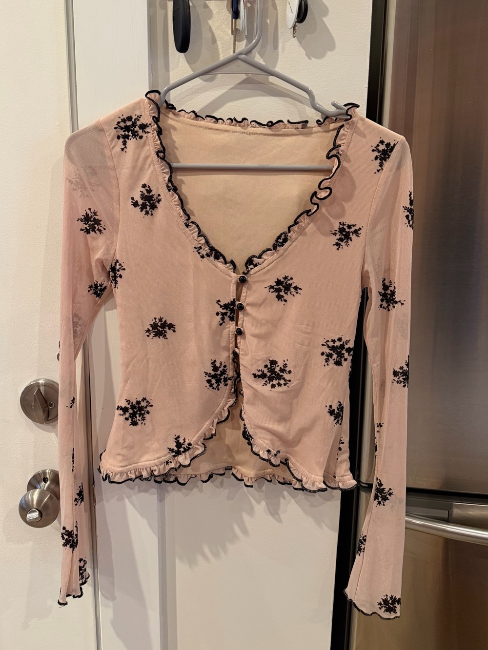 Sheer Ruffle-Trim Pink Floral Long-Sleeve Top
